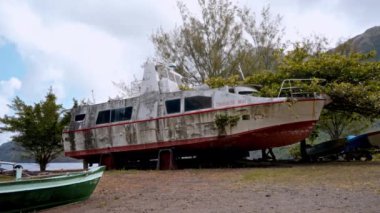 Terk edilmiş bir tekne, gündüz vakti gökyüzünün altındaki ağaçların arasında dinleniyor.
