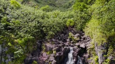 Çarpıcı bir hava manzarası, şelaleden uçan bir dronu kayalık bir uçurumdan aşağı uçarken yakalar. Etrafı canlı yeşilliklerle çevrilidir.