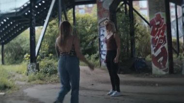 İki kadın hararetli bir sözlü tartışmanın içinde yakalandı. Bu da hızla fiziksel saldırganlığa dönüştü. Birbirlerini grafiti kaplı sütunlara şiddetle ittiler.