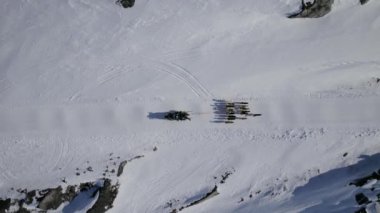 Grönland 'da karlı bir patika boyunca kızak çeken köpeklerin üst görüntüsü el değmemiş kışın içindeki dinamik hareketi vurguluyor.