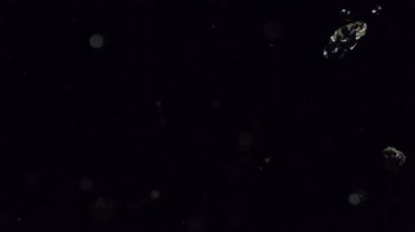 Parıldayan su damlacıklarının büyüleyici bir yakınlaşması. Karanlığın içinden inen, ışıldayan bokeh parçacıklarıyla güçlendirilmiş.