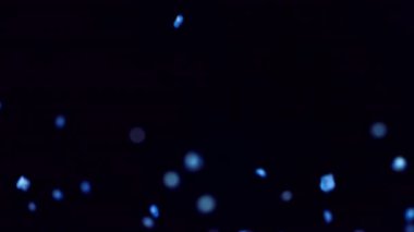 Dinamik mavi serpintiler, yumuşak dairesel bokeh efektleriyle güçlendirilmiş karanlık bir yüzey boyunca yüzer ve dans eder, oyuncu ve görsel olarak çarpıcı bir sahne yaratır