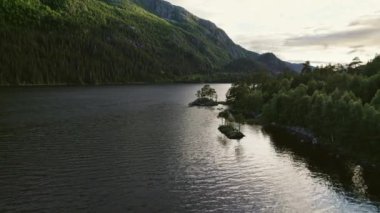 Görkemli bir dağ nehri yemyeşil bir arazide akar, yüksek ağaçlar ve yuvarlanan tepelerle sınırlıdır, doğanın güzelliğini vurgulayan görkemli bir manzara yaratır.