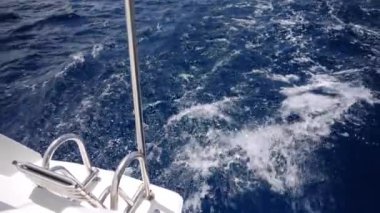 Hareket eden bir teknenin arkasından yüksek açılı bir çekim derin mavi okyanusu yakalar, dalgalanan küçük dalgalar ve kayığın arkasında beyaz bir köpük izi vardır.