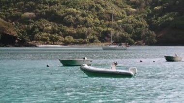 Bir kıyı sahnesinde, çeşitli tekne boyutları ve tipleri olan yemyeşil tepeler ve ağaçlardan oluşan bir zemin üzerine kurulmuş, durgun turkuaz sularda yüzen birkaç tekne sergileniyor.