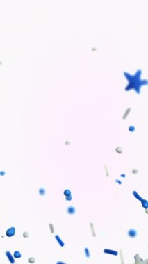 Çeşitli şekillerde mavi ve beyaz serpintiler, temiz beyaz bir arkaplanda nazikçe süzülüyor, neşeli ve canlı bir görsel yaratıyor.