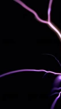 Canlı mor elektrik akımları karanlıkta titreşip çatırdıyor ve siyah bir fona karşı çarpıcı bir yüksek voltajlı enerji gösterisi yaratıyor.