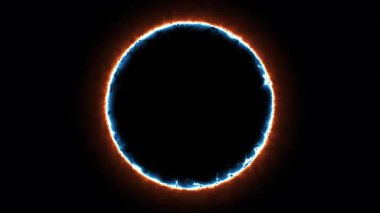 Soyut turuncu ve beyaz neon çizgiler çarpıcı bir güneş tutulması simülasyonu yaratarak karanlık bir zemin üzerine kozmik enerji yayıyor.