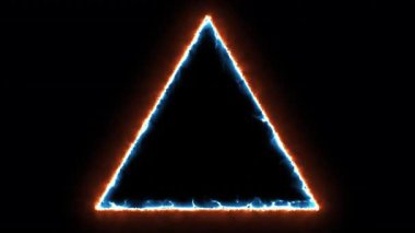 Büyüleyici bir neon üçgen animasyonu. Parlayan parlak turuncu ve beyaz çizgiler, pürüzsüz şekilleniyor ve siyah bir arkaplan üzerinde titreşiyor.