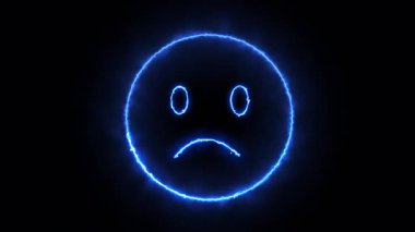 Parlayan mavi neon ışığın kusursuz bir döngüsü. Karanlık bir arkaplana karşı hüzünlü bir yüz simgesi oluşturuyor.