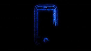 Dinamik elektrik mavi ışık pürüzsüz bir iz bırakır ve koyu bir arkaplanda parıldayan bir cep telefonu hatları oluşturur.