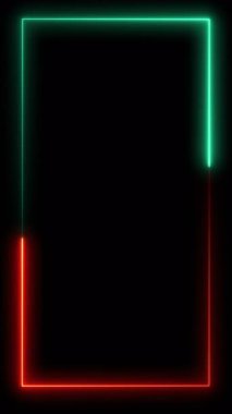 Kırmızı ve yeşil ışıklı kusursuz bir neon çerçeve, siyah bir arkaplan karşısında dinamik bir şekilde parlar ve fütüristik ve göz alıcı bir etki yaratır.