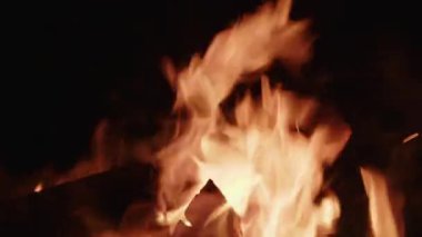 Gece kamp ateşinin alevlerinde çatırdayan kuru odunların yakın çekimi. Karanlık arka planda parıldayan alevlerle birlikte.