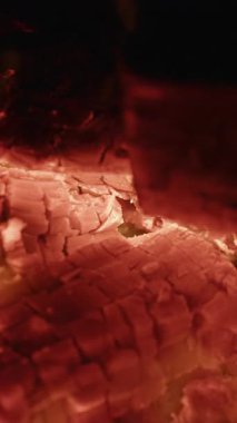 Parıldayan alevlerle parlayan odunların yakın çekimi, canlı ve dinamik bir ışık ve sıcaklık gösterisi yaratıyor.