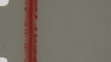 Bu yakın çekim koyu kırmızı harfleri ve dikey kırmızı şeritleri görüntüler. 8mm 'lik ön rulo klipsi, dokulu bir arka plana ayarlanmış, film şeritleri açıkça soldan görünür.