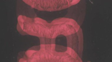 Koyu bir çerçeve boyunca ilerleyen kırmızı dikey bir şerit ve metin, 8 mm 'lik bir makaranın ön rulosundan, eşitsizlik ve hafif varyasyonlarla çekildi.