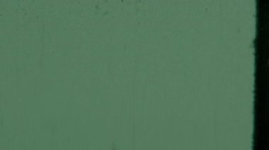 8 mm 'lik bir film şeridine ait yeşil renkli bir kaplama belirgin tahıllar, çizikler, dağınık enkaz parçaları ve sağ taraftaki dikey siyah kenarlar film şeridinin sınırlarını gösteriyor.