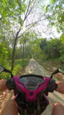 Güneş lekeli bir orman patikasında motosiklet sürerken güneş ışığı ağaçların arasından ve doğanın her yerinden yayılıyor.