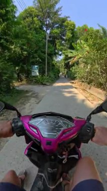 Yoğun, yemyeşil bitkiler ve yükselen ağaçlarla çevrili dar bir pistte motosiklet sürüşü, canlı yeşil orman manzarasında keşfin heyecanını yakalıyor.