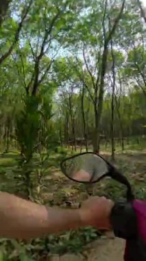 Bereketli yeşilliklerle çevrili dar bir patikada sakin bir scooter yolculuğu doğaya huzurlu bir kaçış sunuyor.