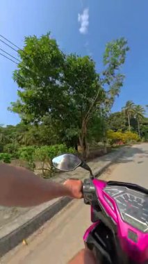 Bereketli yeşillik ve canlı mavi gökyüzü tarafından çerçevelenmiş sakin bir tropikal kırsal yol boyunca sakin bir sürüş, doğanın barışçıl güzelliğini yakalıyor.