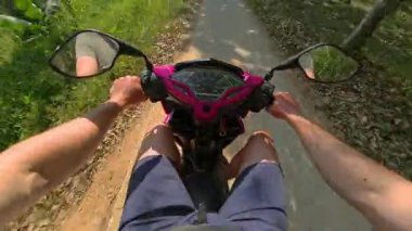 Serin bir orman yolu boyunca skuter sürüşünün gündüz POV 'u, bereketli yeşil yapraklarla çevrili, gün ışığında hafifçe parlayan