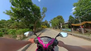 Ağaçlar ve büyüleyici evlerle çevrili dar bir kırsal yol boyunca motosiklet sürüşü huzurlu ve manzaralı bir kır yolculuğu sunuyor.