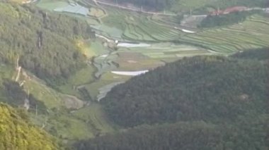 Huzurlu bir Güney Kore teraslı pirinç tarlası, yumuşak ışıklı ve parıltılı, kayan tepeler, yoğun ormanlar ve dağınık kırsal evler tarafından çerçevelenmiş bir VHS kamerasıyla nostaljik bir şekilde görüntüleniyor.