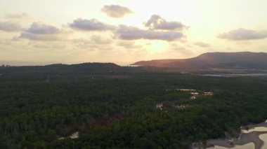 Drone, güneş batarken Koh Rong Adası 'ndaki sakin mangrov ormanlarını yakalar. Altın ışık, yemyeşil tropikal arazi üzerine yumuşak gölgeler bırakır.