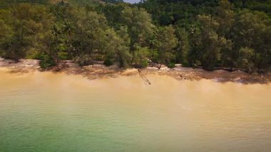 Bereketli yeşil orman ve canlı mavi denizle çevrili, el değmemiş doğanın güzelliğini yakalayan uzak bir tropikal sahilden insansız hava aracı görüntüsü alıyoruz.
