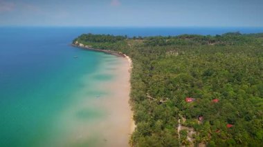 Tropik bir adanın, palmiye ağaçlarıyla kaplı ve berrak mavi okyanus sularıyla çevrili kıyı şeridinin insansız hava aracı görüntülerini alıyoruz.