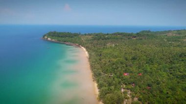 Uçsuz bucaksız mavi denizin ufukta uzandığı bereketli palmiye ağaçlarının yer aldığı bir sahil adası manzarası.