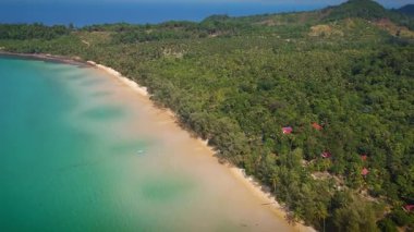 Nefes kesici bir hava manzarası, yemyeşil ormanlarla çerçevelenmiş ve kristal berrak mavi okyanusla çevrili tropikal bir sahili yakalar.