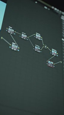 Profesyonel düzenleme yazılımında bir düğüm ağacı arayüzü kullanarak gelişmiş bir renk derecelendirme iş akışının yakın görüntüsü