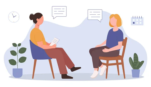 女性心理学者の顧問 医者と患者は問題について話し合う カウンセリング 心理学 サポートコンセプトのためのベクトルイラスト — ストックベクタ