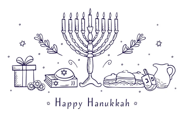 Happy Hanukkah Card Lettering Text Menorah Candles Donuts Gift Box — Stock Vector