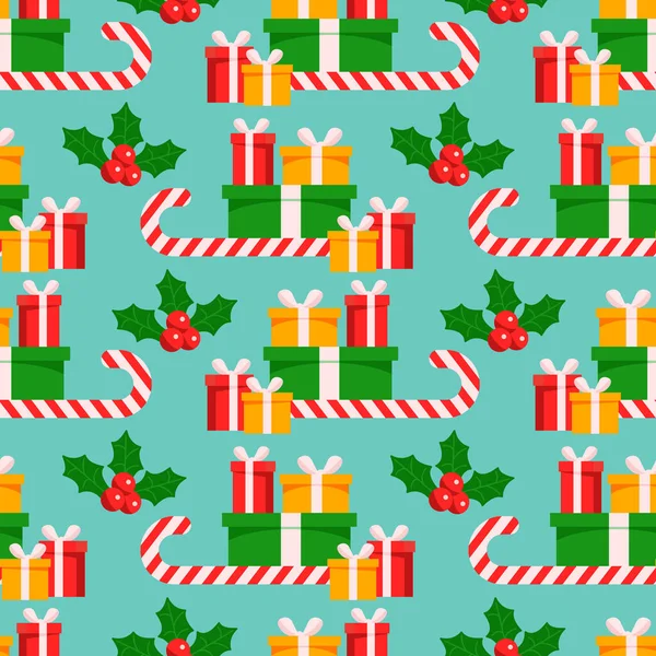 青い背景にギフト付きのクリスマスキャンディー シームレスなパターン Webページの背景色 表面のテクスチャに使用できます — ストックベクタ