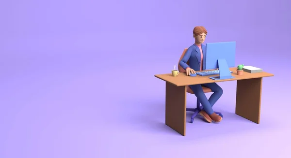 一个可爱的女人在一个现代办公室的桌子前工作的3D图像 卡通画微笑的女商人或使用电脑的自由职业者 带有文本位置的Web横幅 3D渲染 — 图库照片