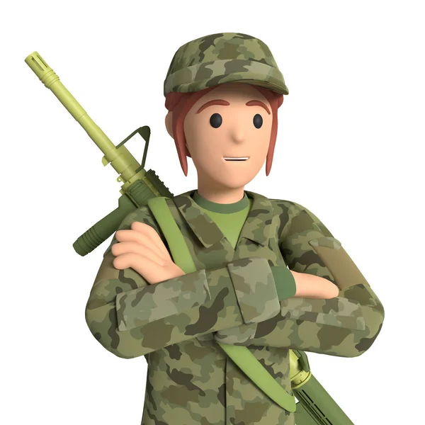 Donna Abiti Militari Con Arma Ragazza Vestita Soldato Militare Rendering — Foto Stock