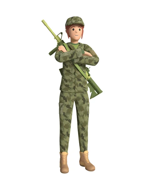 孤立した背景に武器を持つ軍事服の女性 軍隊の兵士の格好をした少女 3Dレンダリング — ストック写真