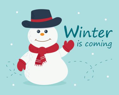 Şapka ve fular içinde sevimli bir kardan adam. Yazıt kışı geliyor. Kartpostal ve tipografi tasarımı için uygun bir çizgi film karakteri ile vektör illüstrasyonu