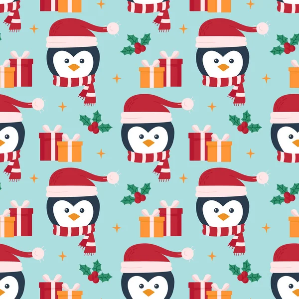 stock vector Christmas pattern with cute penguins and gift boxes. Festive background. Seamless pattern. Can be used for web page background fill, surface texture