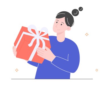 Elinde kırmızı bir hediye kutusu tutan tatlı, gülümseyen kız. Vektör illüstrasyonu