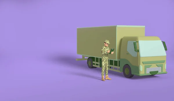 身着制服的军人站在卡车旁边作笔记 带有文本位置的Web横幅 3D渲染 — 图库照片
