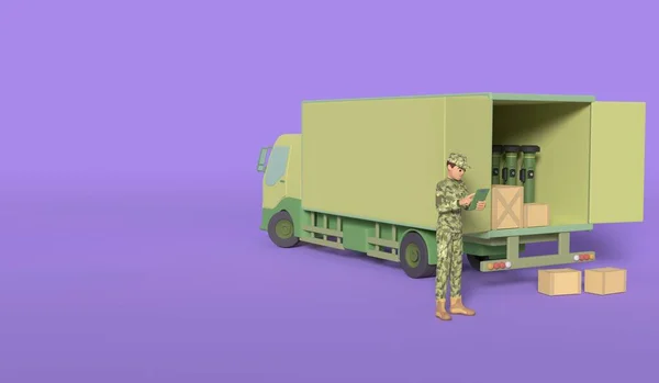 Військовий Уніформі Перевіряє Вантаж Стоячи Поруч Вантажівкою Концепція Військової Допомоги — стокове фото