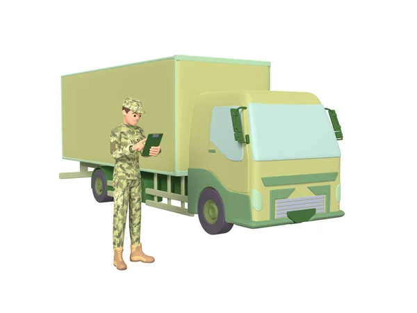Військовий Формі Бере Нотатки Стоячи Поруч Вантажівкою Візуалізація — стокове фото