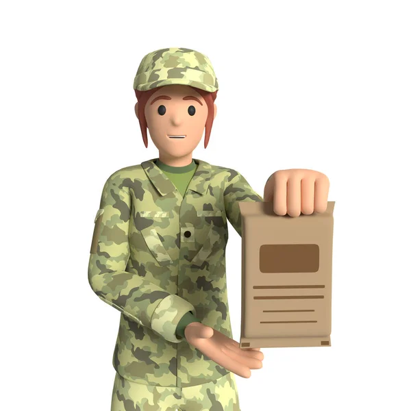 Жінка Військовій Формі Тримає Пакет Індивідуальним Раціоном Військових Візуалізація — стокове фото