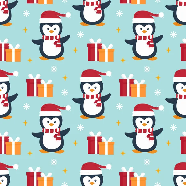 かわいいペンギンとギフトボックス クリスマスのパターン シームレスなパターン Webページの背景色 表面のテクスチャに使用できます — ストックベクタ