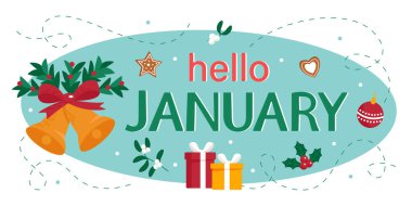 Merhaba Ocak. Zencefilli kurabiye ve hediyeli bayram çanları. Tebrik kartı, takvim, afiş ve poster basmak için tasarlandı. Vektör illüstrasyonu