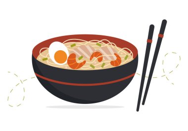 Geleneksel Asya yemekleri. Ramen tabağı, Asya çorbası. Vektör illüstrasyonu